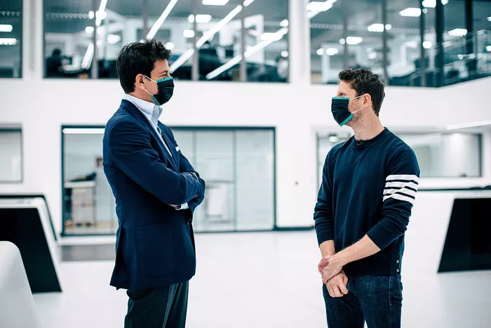 Toto Wolff, Executive Director (Business), Mercedes AMG and Romain Grosjean, Mercedes