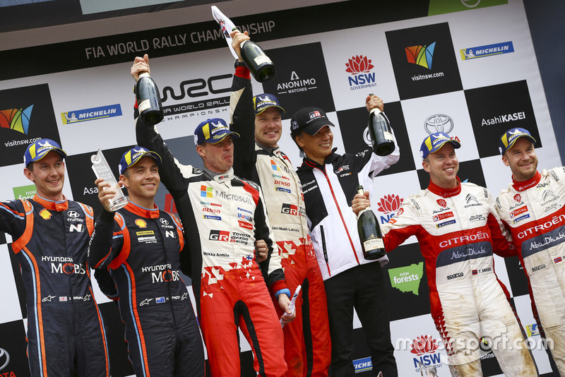 Jari-Matti Latvala, Miikka Anttila, Toyota Gazoo Racing, second place Hayden Paddon, Sebastian Marshall, Hyundai Motorsport, third place Mads Ostberg, Torstein Eriksen, Citroën World Rally Team