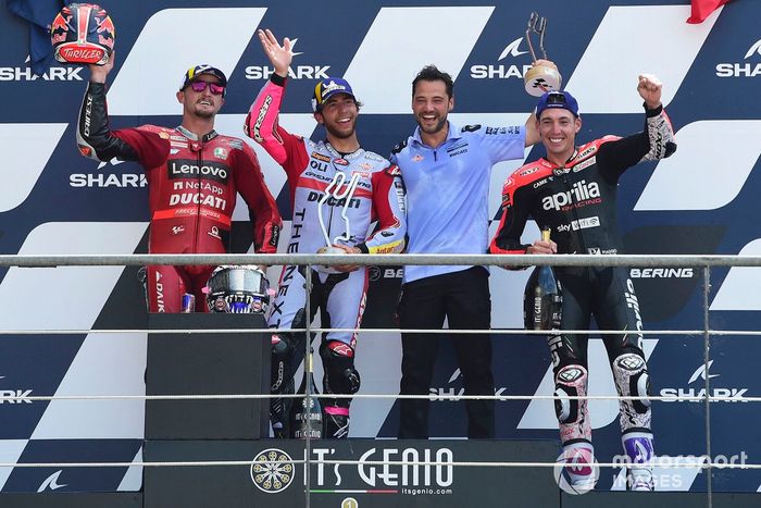 Podio: ganador de la carrera Enea Bastianini, Gresini Racing, segundo lugar Jack Miller, Ducati Team, tercer lugar Aleix Espargaro, Aprilia Racing Team