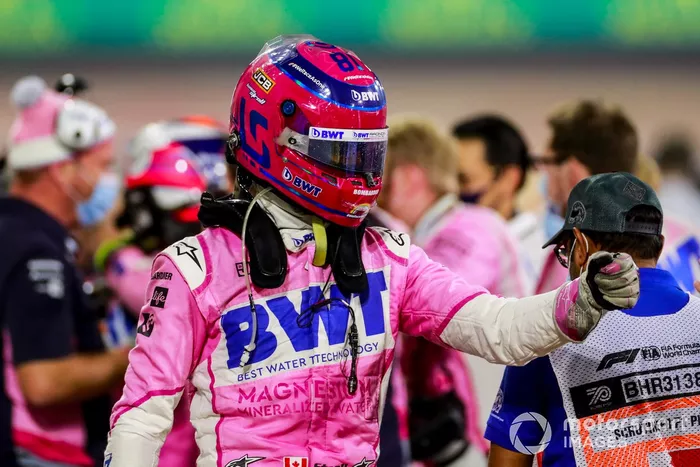 Lance Stroll, Racing Point, 3ª posición, celebra en Parc Ferme