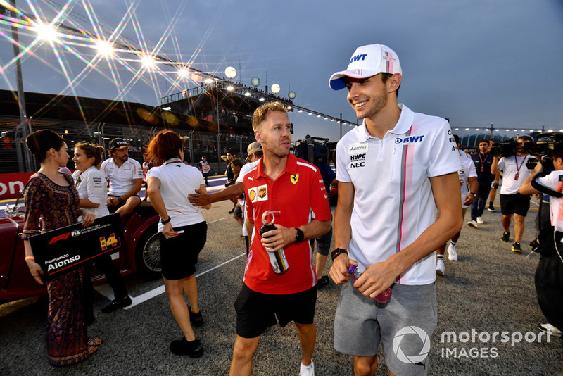 Sebastian Vettel, Ferrari and Esteban Ocon, Racing Point Force India F1 Team on drivers parade 