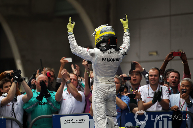 Race winner Nico Rosberg, Mercedes AMG F1 W03 celebrates in parc ferme