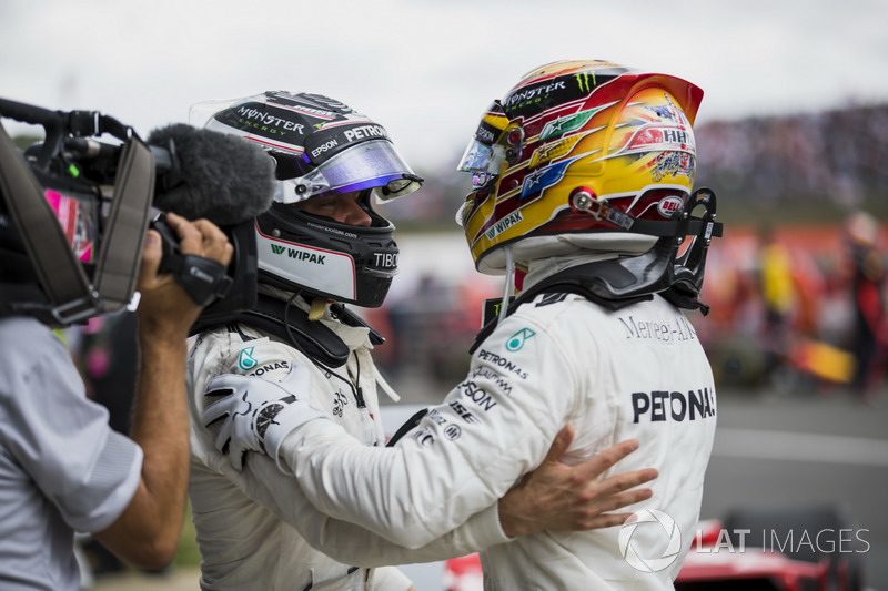 Second place Valtteri Bottas, Mercedes AMG F1, Race winner Lewis Hamilton, Mercedes AMG F1, congratulate each other in Parc Ferme