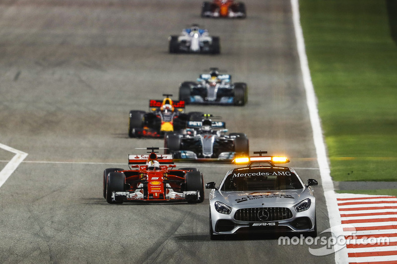 The Safety Car leads Sebastian Vettel, Ferrari SF70H, Valtteri Bottas, Mercedes F1 W08, Daniel Ricciardo, Red Bull Racing RB13, Lewis Hamilton, Mercedes F1 W08