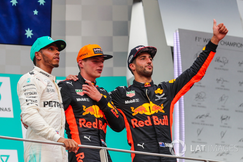 Race winner Lewis Hamilton, Mercedes AMG F1 Max Verstappen, Red Bull Racing and Daniel Ricciardo, Red Bull Racing celebrate on the podium