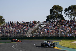 Lewis Hamilton, Mercedes AMG F1 W08, leads Fernando Alonso, McLaren MCL32