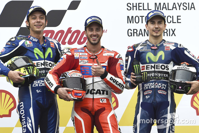 Race winner Andrea Dovizioso, Ducati Team, second place Valentino Rossi, Yamaha Factory Racing, third place Jorge Lorenzo, Yamaha Factory Racing