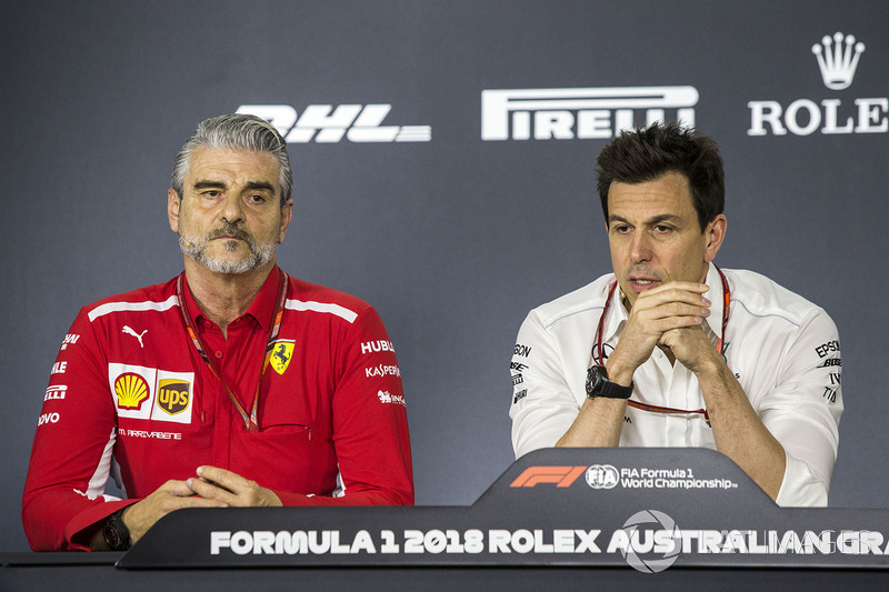 Maurizio Arrivabene, Ferrari Team Principal and Toto Wolff, Mercedes AMG F1 Director of Motorsport in the Press Conference