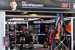 The car of Max Verstappen, Red Bull Racing RB14 in the garage during Qualifying