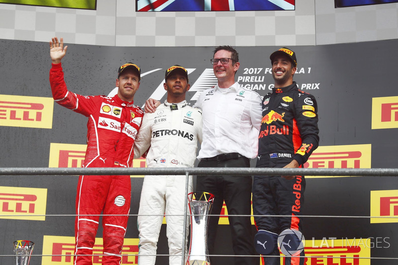 Podium: Race winner Lewis Hamilton, Mercedes AMG, second place Sebastian Vettel, Ferrari, third plac