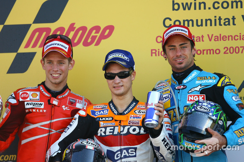 Podium: Race winner Dani Pedrosa, Repsol Honda; second place Casey Stoner, Ducati; third place John Hopkins, Suzuki