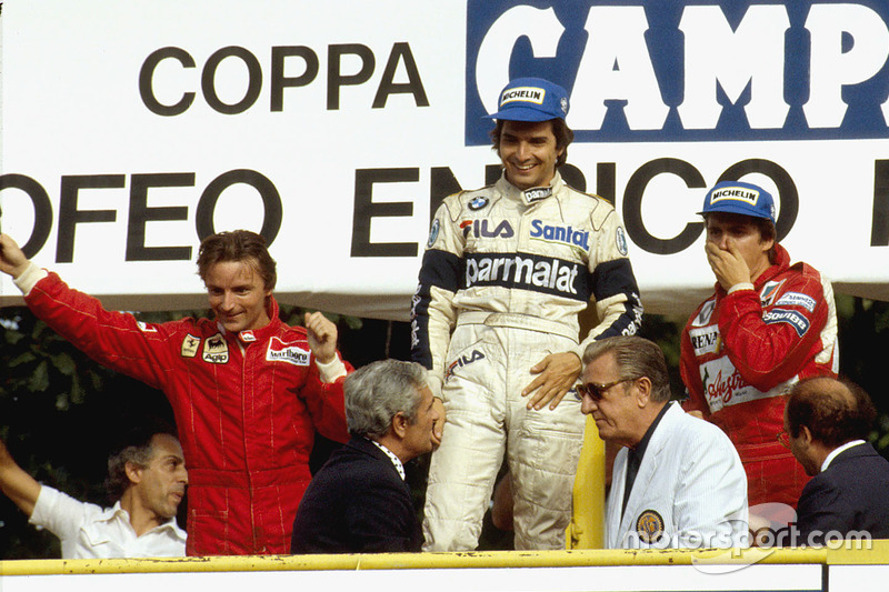 Podium : le vainqueur Nelson Piquet, Brabham BMW, le second René Arnoux, Ferrari, le troisième Eddie Cheever, Renault