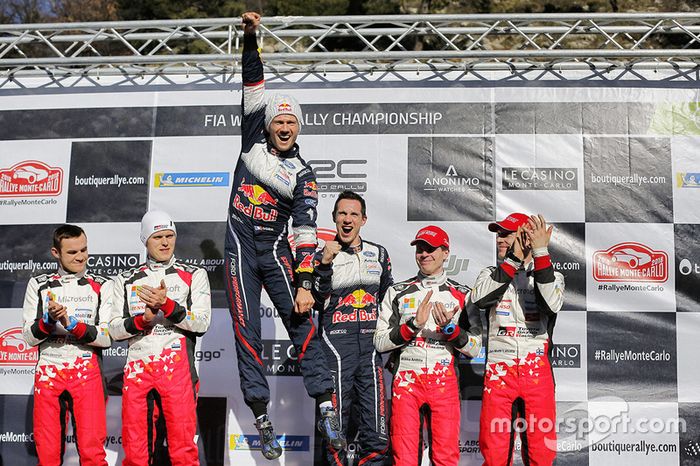 Podio: los ganadores del Rally de MonteCarlo 2018 Sébastien Ogier y Julien Ingrassia, M-Sport Ford, el segundo Ott Tanak, Martin Järveoja, Toyota Gazoo Racing, el tercero Jari-Matti Latvala, Miikka Anttila, Toyota Gazoo Racing