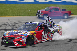 Kyle Busch, Joe Gibbs Racing, Toyota Camry Skittles Red White & Blue celebrates with a burnout after winning