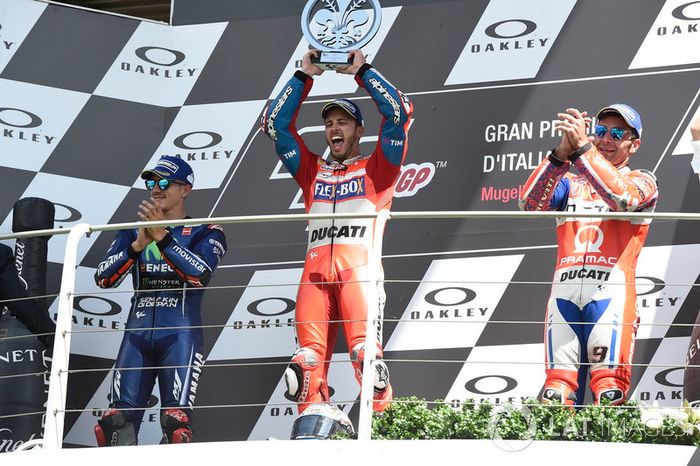 Podium: segundo, Maverick Viñales, Yamaha Factory Racing, ganador, Andrea Dovizioso, Ducati Team, tercero, Danilo Petrucci, Pramac Racing