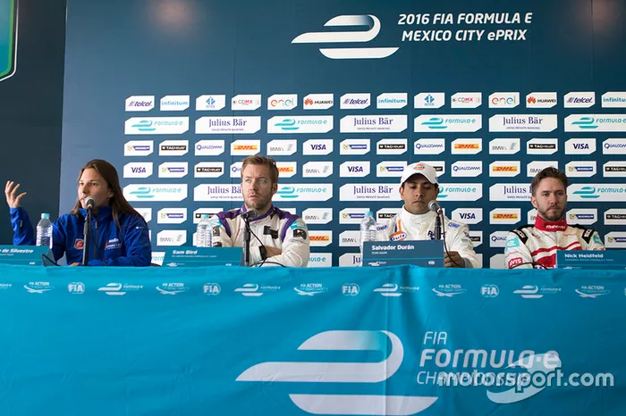 Simona de Silvestro, Amlin Andretti Formula E,Sam Bird, DS Virgin Racing Formula E Team, Salvador Durán, Team Aguri y Nick Heidfeld, Mahindra Racing durante la conferencia de prensa de la Fórmula E