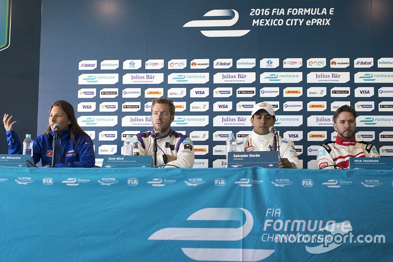 Simona de Silvestro, Amlin Andretti Formula E,Sam Bird, DS Virgin Racing Formula E Team, Salvador Durán, Team Aguri y Nick Heidfeld, Mahindra Racing durante la conferencia de prensa de la Fórmula E