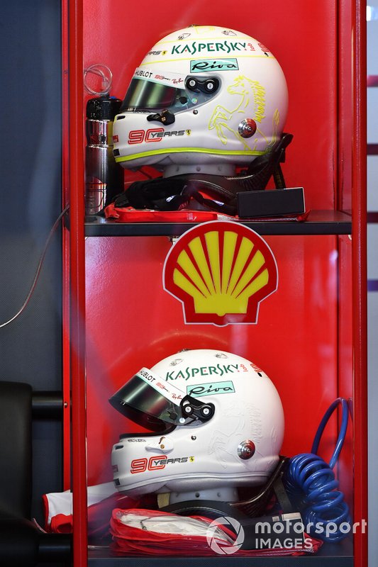The helmets of Sebastian Vettel, Ferrari