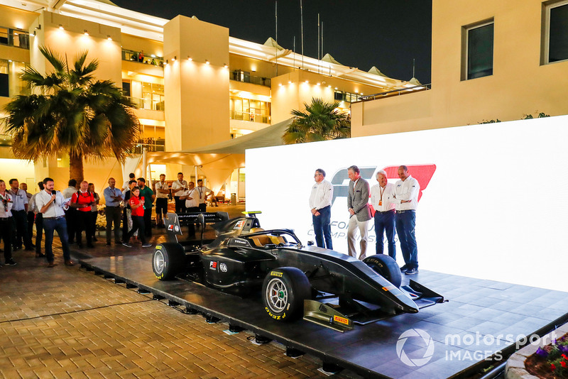 The new for 2019 FIA F3 car is launched by Bruno Michel, Didier Perrin, Charlie Whiting and Sean Bratches in the F1 paddock