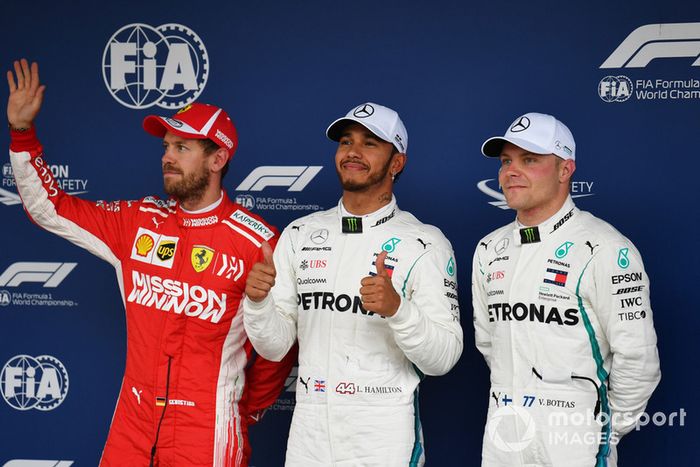 Sebastian Vettel, Ferrari, Lewis Hamilton, Mercedes AMG F1 y Valtteri Bottas, Mercedes AMG F1 en Parc Ferme 