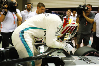 Lewis Hamilton, Mercedes AMG F1 W09 EQ Power+, celebrates after taking Pole Position