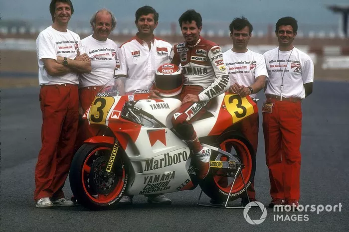Fiorenzo Fanali, Kel Carruthers, Giacomo Agostini, Eddie Lawson, al GP del Brasile del 1988