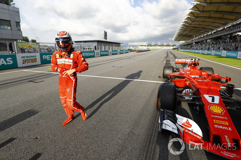 Kimi Raikkonen, Ferrari, celebrates after qualifying second