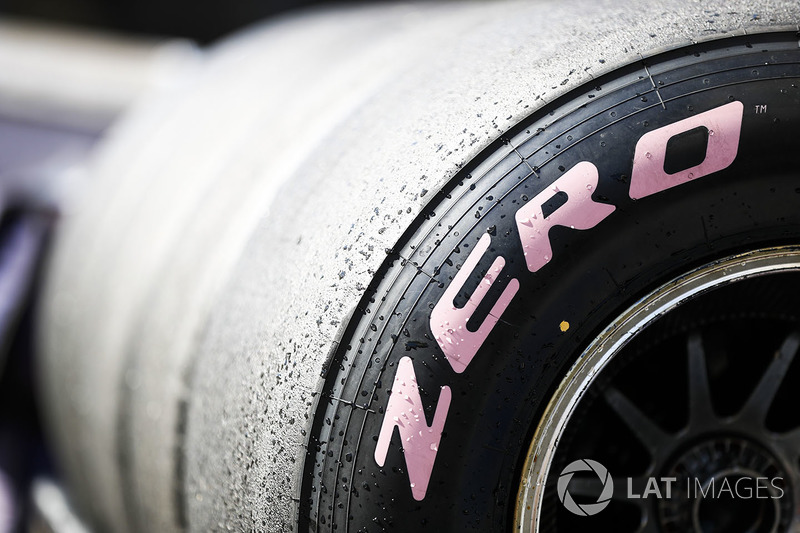 Pink side-walled Pirelli hyper soft tyre detail