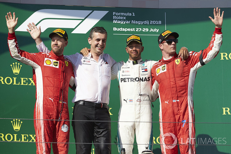 Podium: race winner Lewis Hamilton, Mercedes AMG F1, second place Sebastian Vettel, Ferrari, third place Kimi Raikkonen, Ferrari