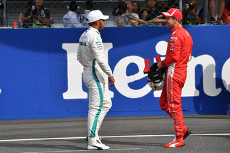 Lewis Hamilton, Mercedes AMG F1 and Sebastian Vettel, Ferrari in parc ferme