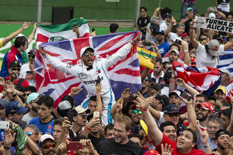 Lewis Hamilton, Mercedes AMG F1 fan and Union flag and fans celebrate