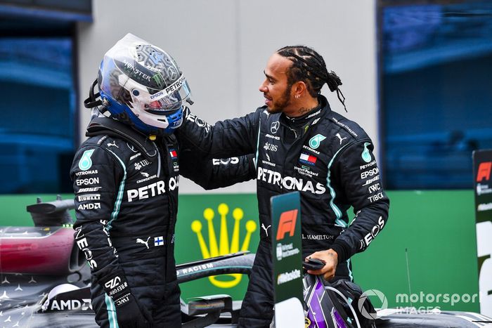 Race Winner Lewis Hamilton, Mercedes-AMG F1 celebrates his 7th World Championship title in Parc Ferme with Valtteri Bottas, Mercedes-AMG F1 