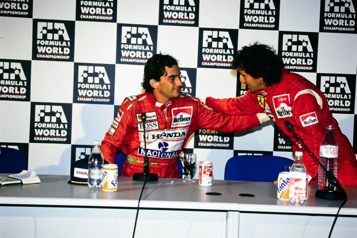Ayrton Senna, McLaren Honda y Alain Prost, Ferrari en la rueda de prensa