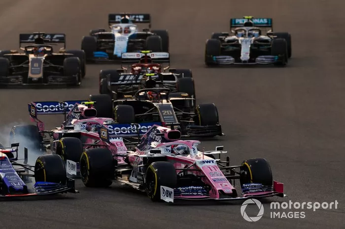 Sergio Pérez, Racing Point RP19, Lance Stroll, Racing Point RP19 y Pierre Gasly, Toro Rosso STR14 pierde su alerón delantero