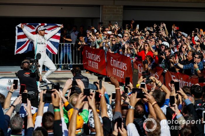 Lewis Hamilton, Mercedes AMG F1, 2nd position, celebrates after securing his sixth world championship