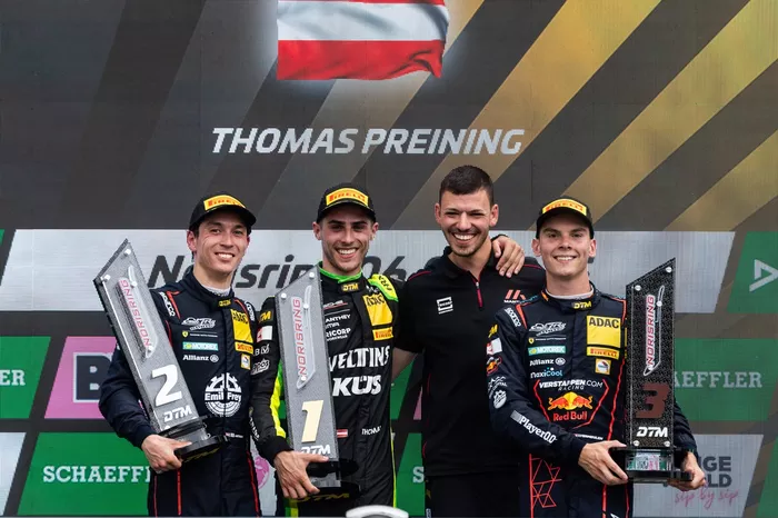 Podium: Race winner Thomas Preining, Manthey EMA, second place Jack Aitken, Emil Frey Racing, third place Thierry Vermeulen, Emil Frey Racing