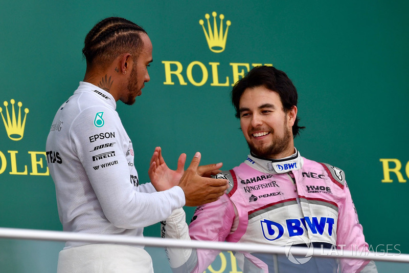 Podium: race winner Lewis Hamilton, Mercedes-AMG F1 and third place Sergio Perez, Force India 