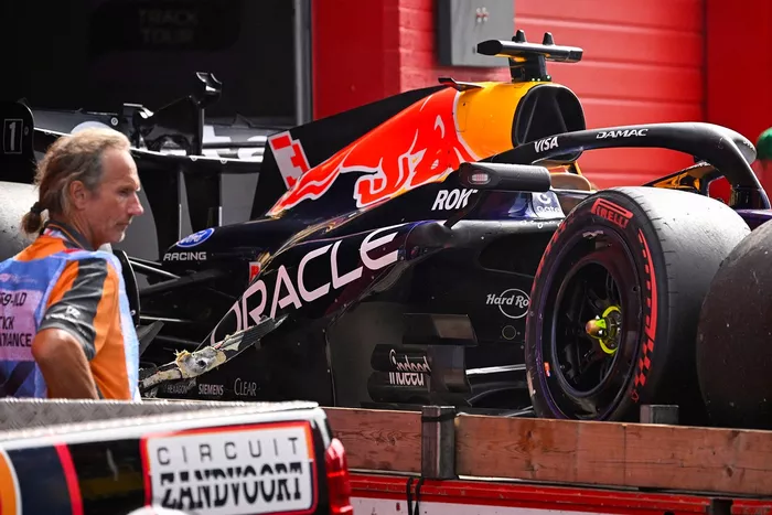 crashed car of Red Bull Racing's Dutch driver Max Verstappen