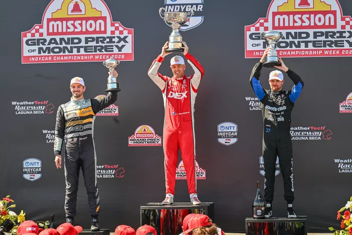 Alexander Rossi, Ed Carpenter Racing, Scott McLaughlin, Team Penske, Kyle Kirkwood, Andretti Global in samenwerking met Curb-Agajanian