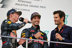 (L to R): Max Verstappen, Red Bull Racing on the podium with team mate Daniel Ricciardo, Red Bull Racing and Mark Webber, Porsche Team WEC Driver / Channel 4 Presenter