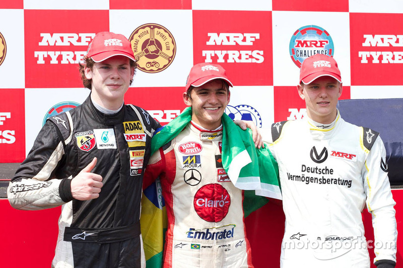 Race 1 winner Pietro Fittipaldi, second place Harrison Newey, third place Mick Schumacher