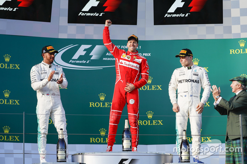 2017. Подіум: 1. Себастьян Феттель, Ferrari. 2. Льюіс Хемілтон, Mercedes. 3. Валттері Боттас, Mercedes