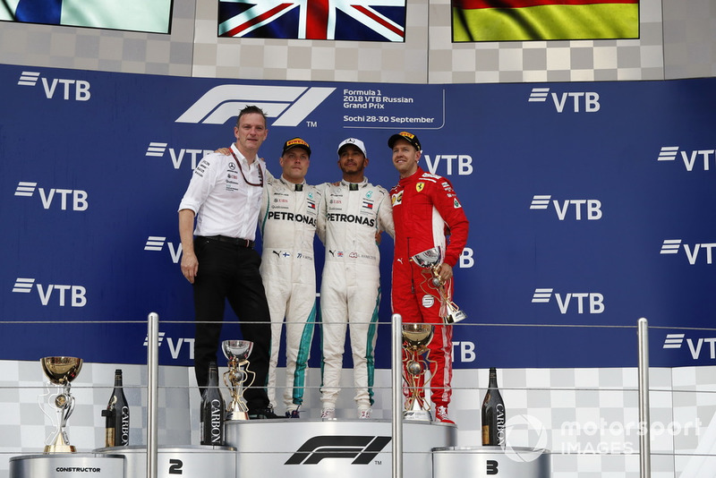 James Allison, Mercedes AMG F1 Technical Director, Valtteri Bottas, Mercedes AMG F1, Lewis Hamilton, Mercedes AMG F1 and Sebastian Vettel, Ferrari on the podium
