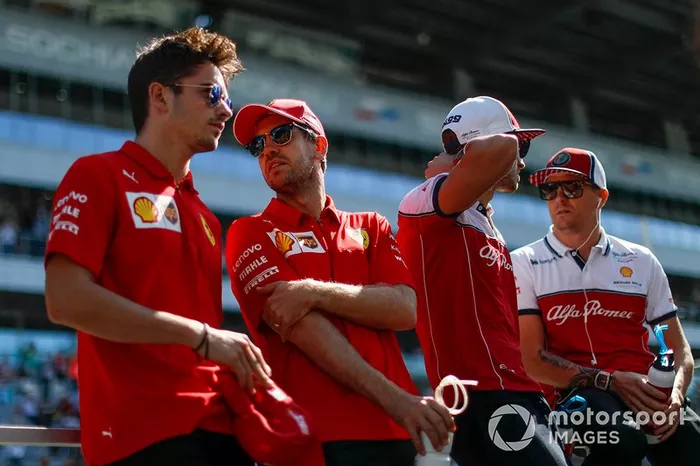 Charles Leclerc, Ferrari, Sebastian Vettel, Ferrari, Antonio Giovinazzi, Alfa Romeo Racing, and Kimi Raikkonen, Alfa Romeo Racing
