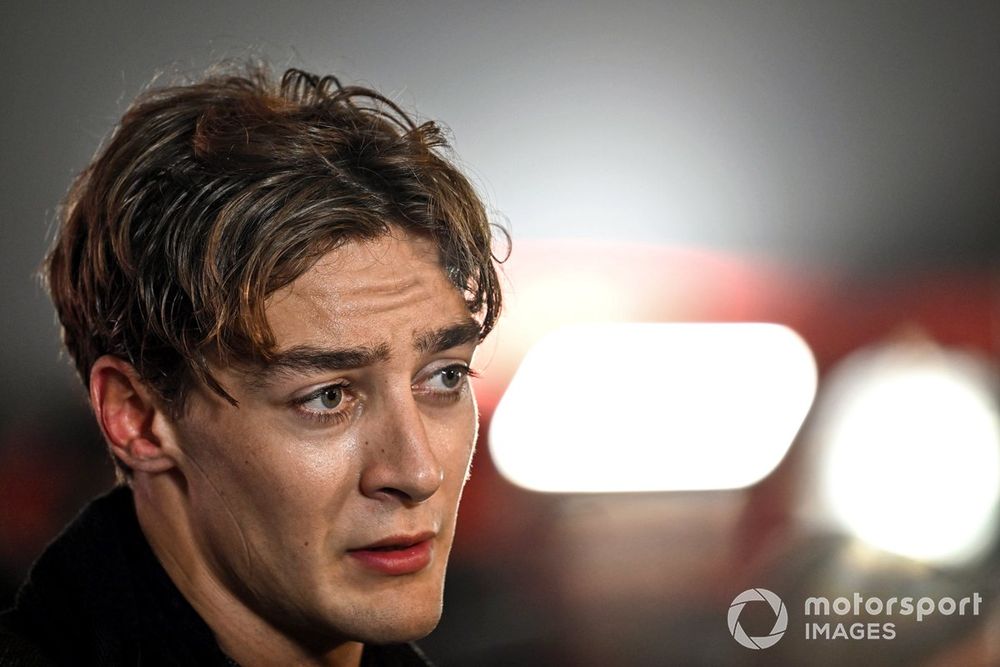George Russell, Mercedes-AMG, talks to the media