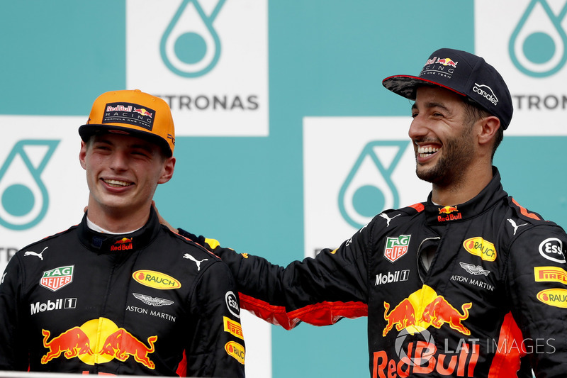 Max Verstappen, Red Bull Racing, race winner, Third place Daniel Ricciardo, Red Bull Racing, on the podium