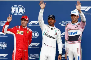 Pole para Lewis Hamilton, Mercedes AMG F1, segundo, Sebastian Vettel, Ferrari, tercero, Esteban Ocon, Racing Point Force India VJM11
