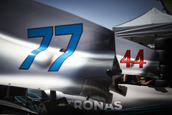 Numbers 44 and 77 on the bodywork of the Lewis Hamilton and Valtteri Bottas Mercedes AMG F1 W09 cars