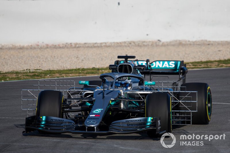 Valtteri Bottas, Mercedes AMG F1 W10, carries a test rig