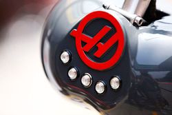 The Haas F1 logo on pit equipment